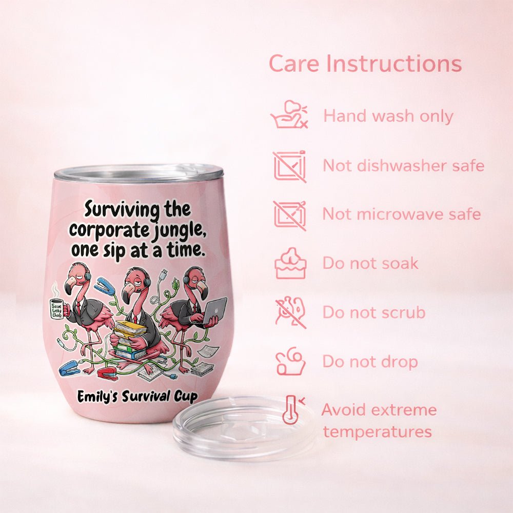 Funny Personalized Office Flamingo Wine Tumbler - Surviving the Corporate Jungle Gift - FlamingoAholic