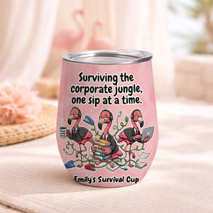 Funny Personalized Office Flamingo Wine Tumbler - Surviving the Corporate Jungle Gift - FlamingoAholic