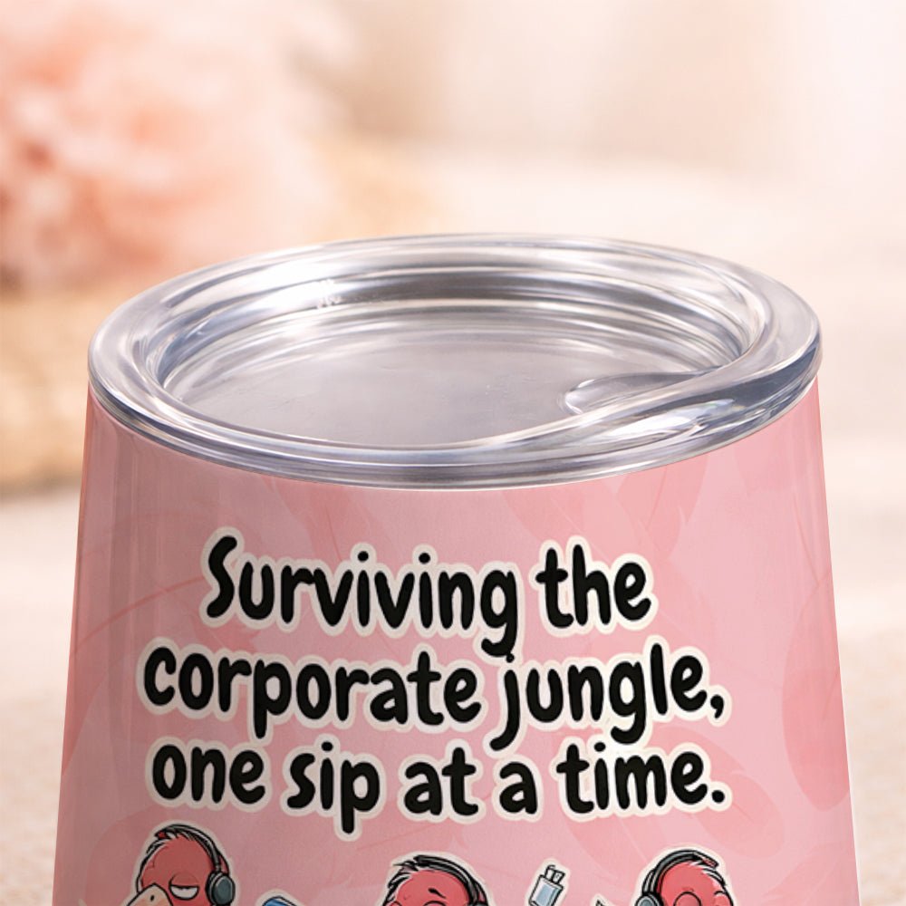 Funny Personalized Office Flamingo Wine Tumbler - Surviving the Corporate Jungle Gift - FlamingoAholic