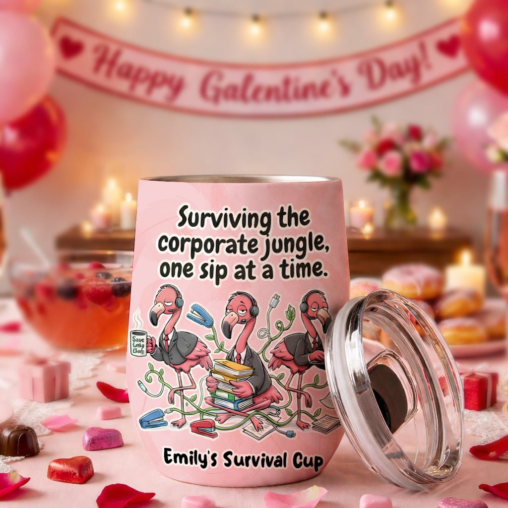 Funny Personalized Office Flamingo Wine Tumbler - Surviving the Corporate Jungle Gift - FlamingoAholic