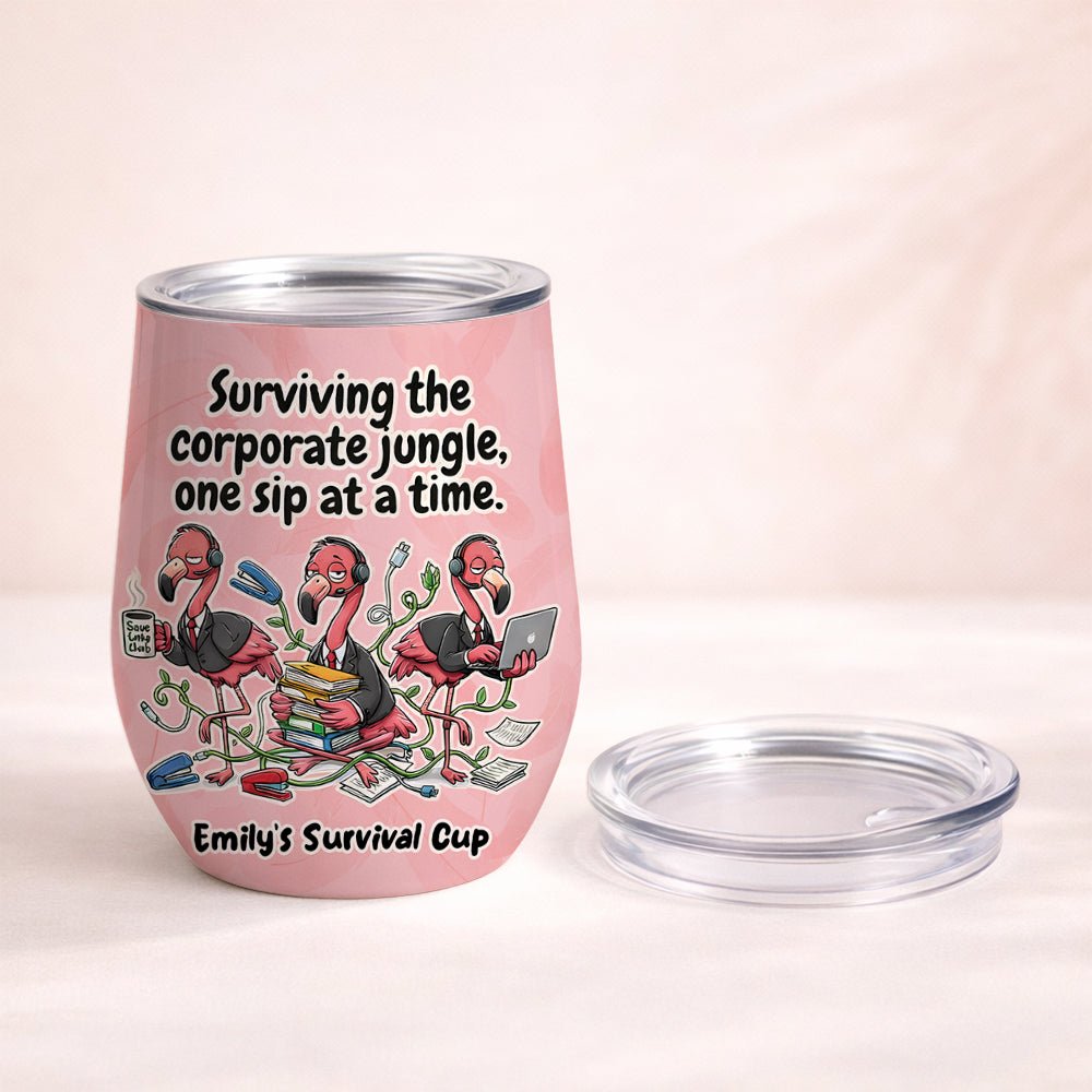 Funny Personalized Office Flamingo Wine Tumbler - Surviving the Corporate Jungle Gift - FlamingoAholic