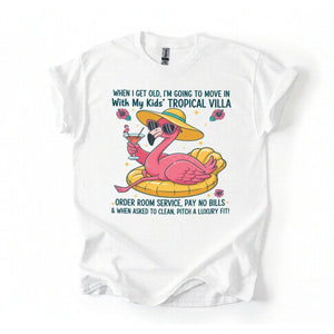 Funny Retirement Plan Flamingo T-Shirt - Tropical Villa Quote Tee for Women - FlamingoAholic