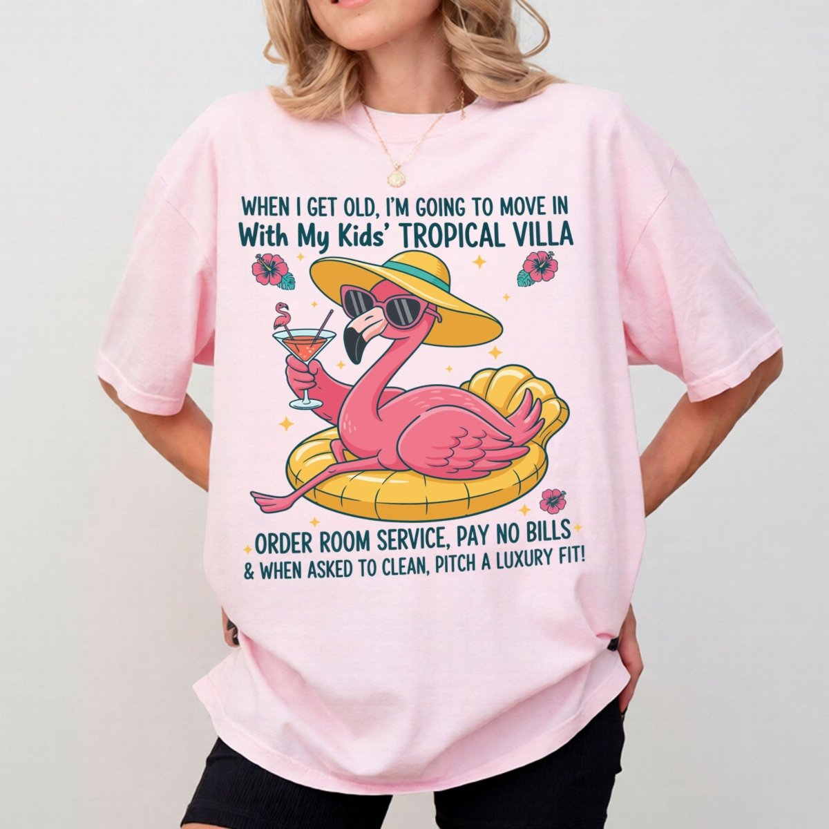 Funny Retirement Plan Flamingo T-Shirt - Tropical Villa Quote Tee for Women - FlamingoAholic