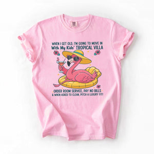 Funny Retirement Plan Flamingo T-Shirt - Tropical Villa Quote Tee for Women - FlamingoAholic