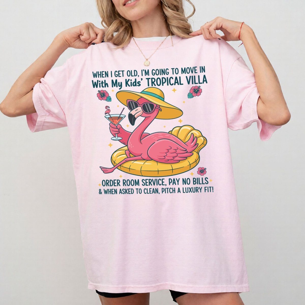 Funny Retirement Plan Flamingo T-Shirt - Tropical Villa Quote Tee for Women - FlamingoAholic