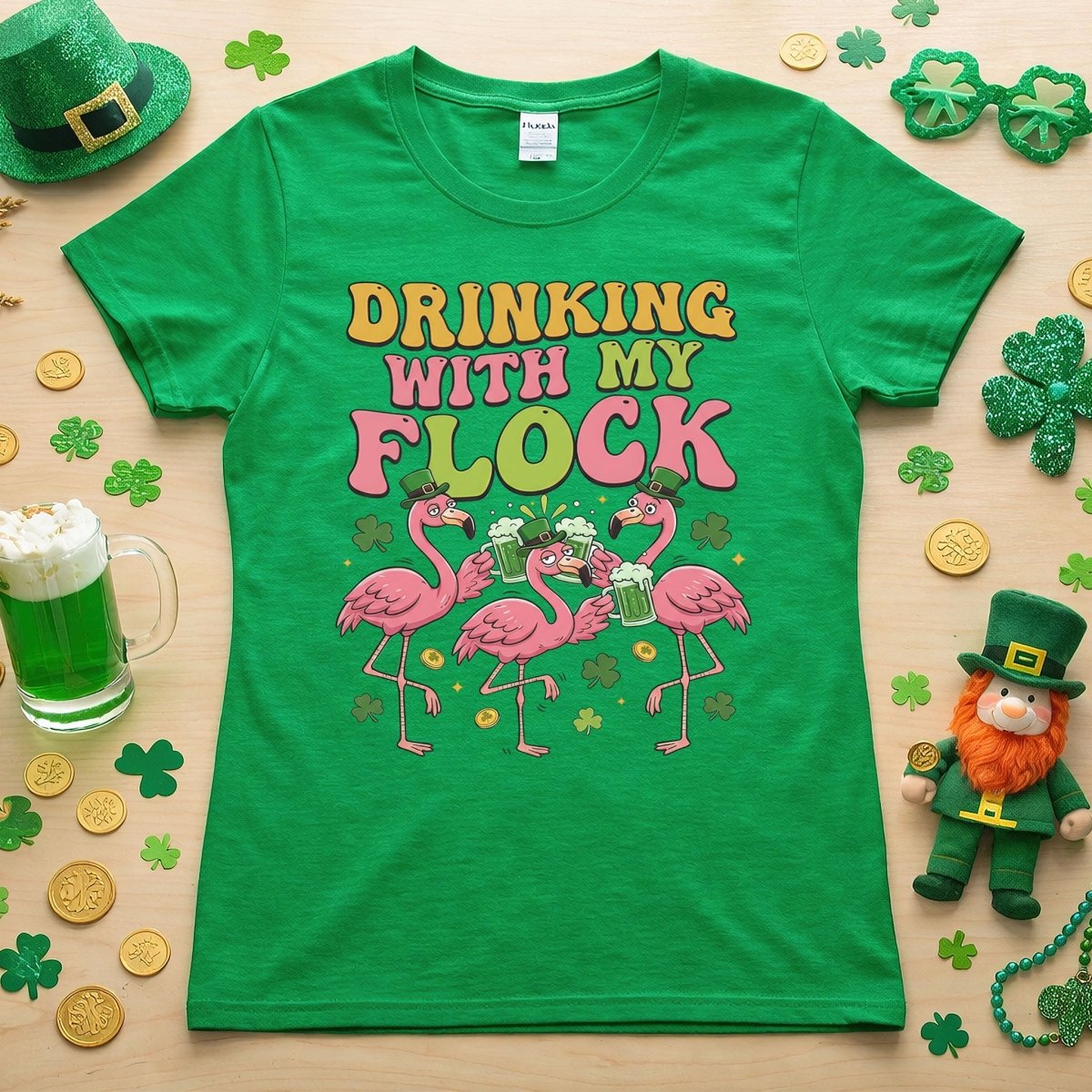 Funny St Patrick's Day Flamingo Drinking Shirt - "Drinking With My Flock" Party Tee for Women - FlamingoAholic