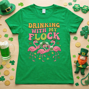 Funny St Patrick's Day Flamingo Drinking Shirt - "Drinking With My Flock" Party Tee for Women - FlamingoAholic