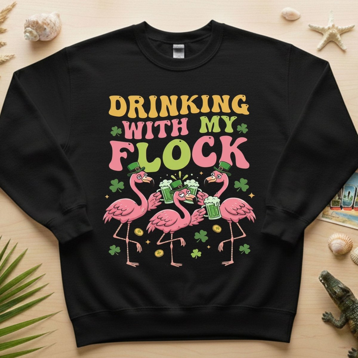 Funny St Patrick's Day Flamingo Drinking Shirt - "Drinking With My Flock" Party Tee for Women - FlamingoAholic
