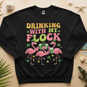 Funny St Patrick's Day Flamingo Drinking Shirt - "Drinking With My Flock" Party Tee for Women - FlamingoAholic