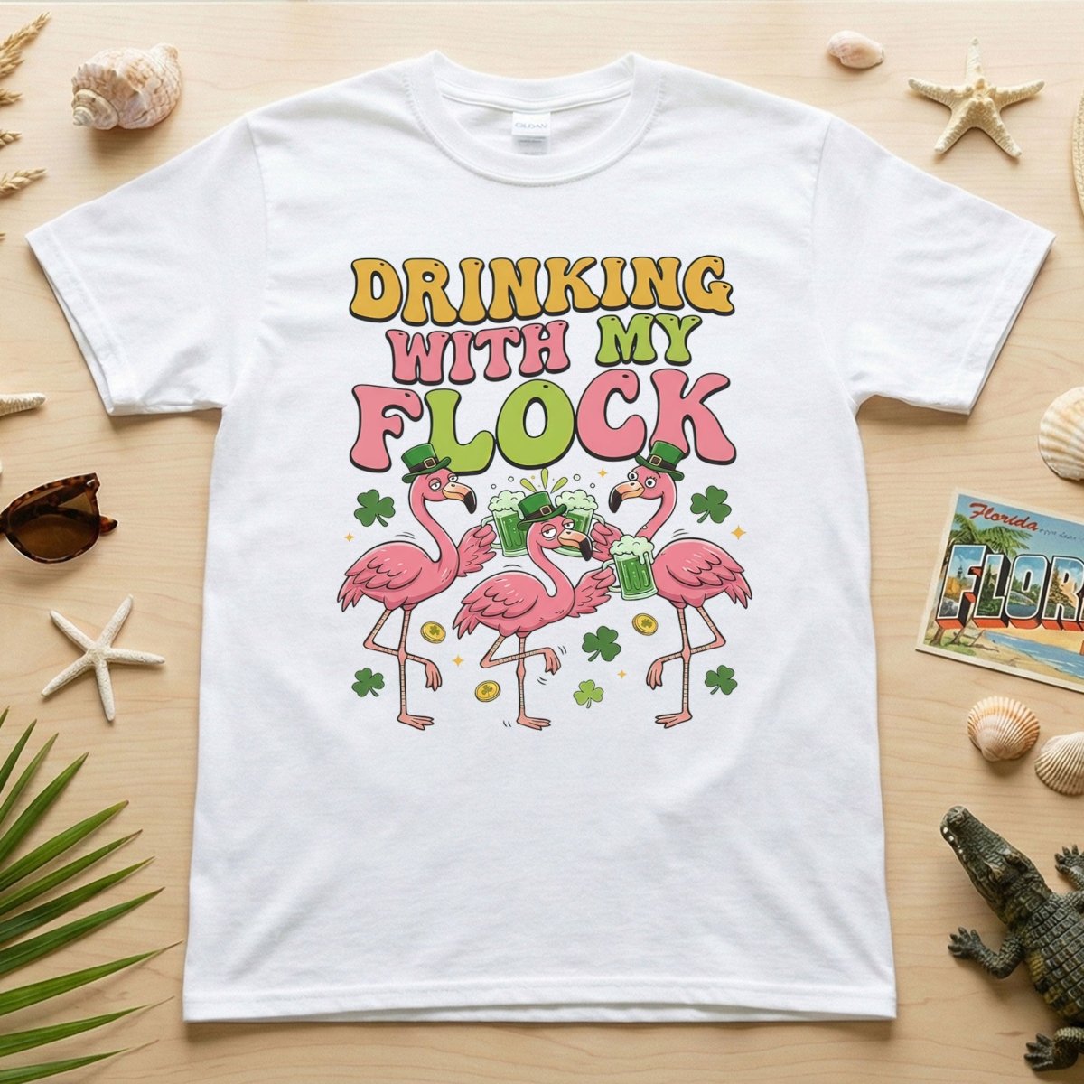 Funny St Patrick's Day Flamingo Drinking Shirt - "Drinking With My Flock" Party Tee for Women - FlamingoAholic
