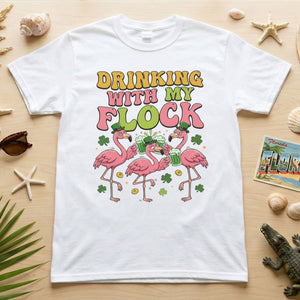 Funny St Patrick's Day Flamingo Drinking Shirt - "Drinking With My Flock" Party Tee for Women - FlamingoAholic