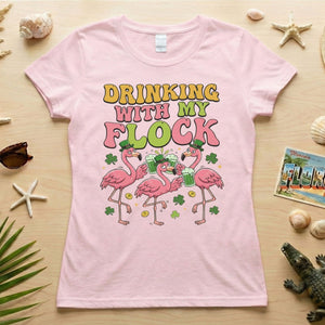 Funny St Patrick's Day Flamingo Drinking Shirt - "Drinking With My Flock" Party Tee for Women - FlamingoAholic