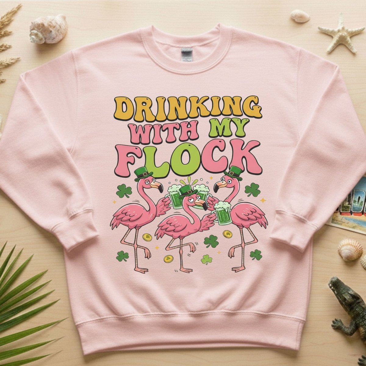 Funny St Patrick's Day Flamingo Drinking Shirt - "Drinking With My Flock" Party Tee for Women - FlamingoAholic