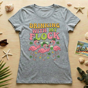Funny St Patrick's Day Flamingo Drinking Shirt - "Drinking With My Flock" Party Tee for Women - FlamingoAholic