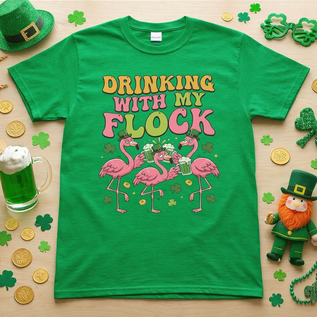 Funny St Patrick's Day Flamingo Drinking Shirt - "Drinking With My Flock" Party Tee for Women - FlamingoAholic