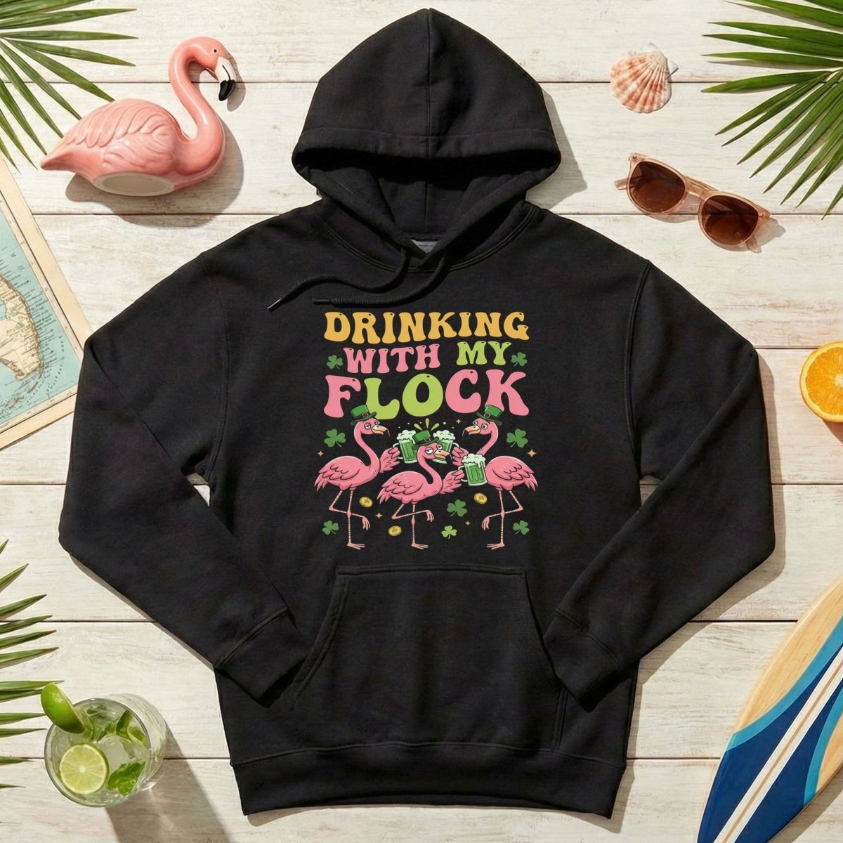 Funny St Patrick's Day Flamingo Drinking Shirt - "Drinking With My Flock" Party Tee for Women - FlamingoAholic