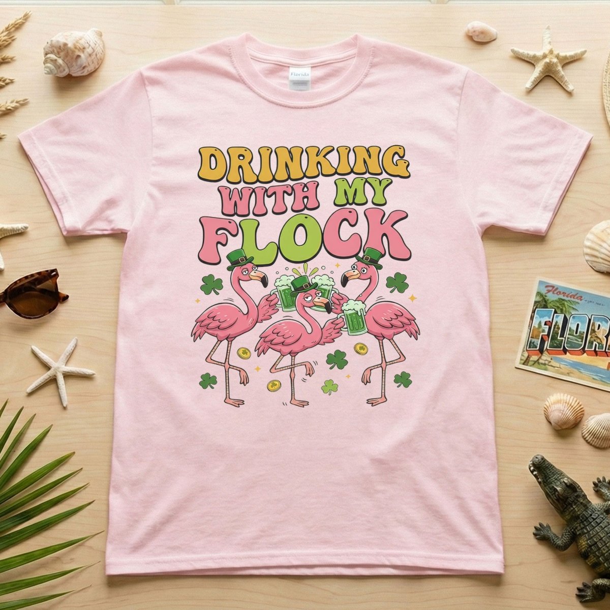 Funny St Patrick's Day Flamingo Drinking Shirt - "Drinking With My Flock" Party Tee for Women - FlamingoAholic