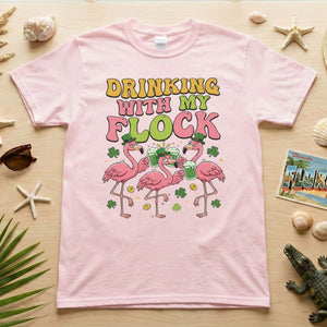 Funny St Patrick's Day Flamingo Drinking Shirt - "Drinking With My Flock" Party Tee for Women - FlamingoAholic