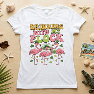 Funny St Patrick's Day Flamingo Drinking Shirt - "Drinking With My Flock" Party Tee for Women - FlamingoAholic