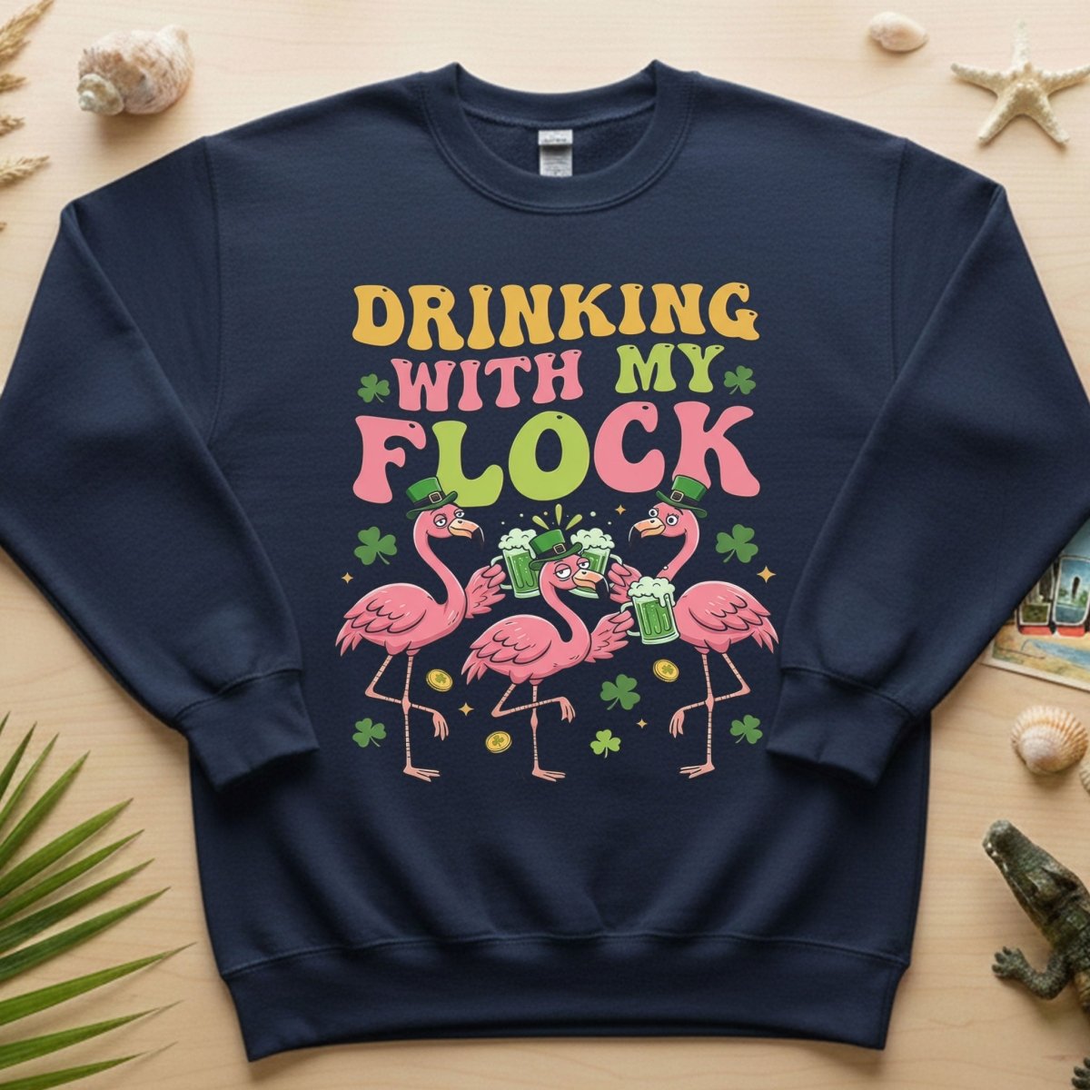 Funny St Patrick's Day Flamingo Drinking Shirt - "Drinking With My Flock" Party Tee for Women - FlamingoAholic