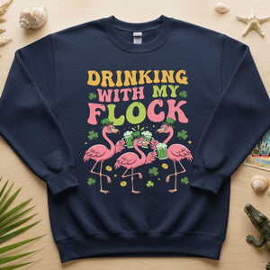 Funny St Patrick's Day Flamingo Drinking Shirt - "Drinking With My Flock" Party Tee for Women - FlamingoAholic