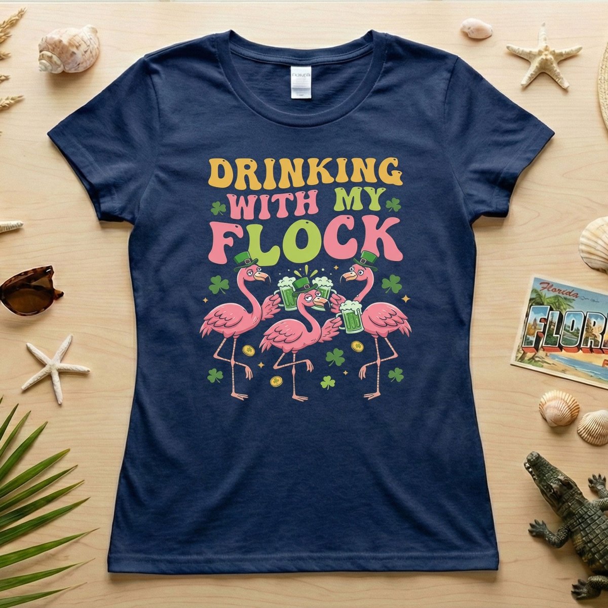 Funny St Patrick's Day Flamingo Drinking Shirt - "Drinking With My Flock" Party Tee for Women - FlamingoAholic