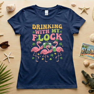 Funny St Patrick's Day Flamingo Drinking Shirt - "Drinking With My Flock" Party Tee for Women - FlamingoAholic