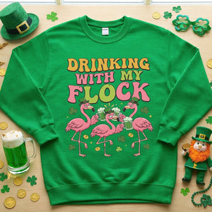 Funny St Patrick's Day Flamingo Drinking Shirt - "Drinking With My Flock" Party Tee for Women - FlamingoAholic