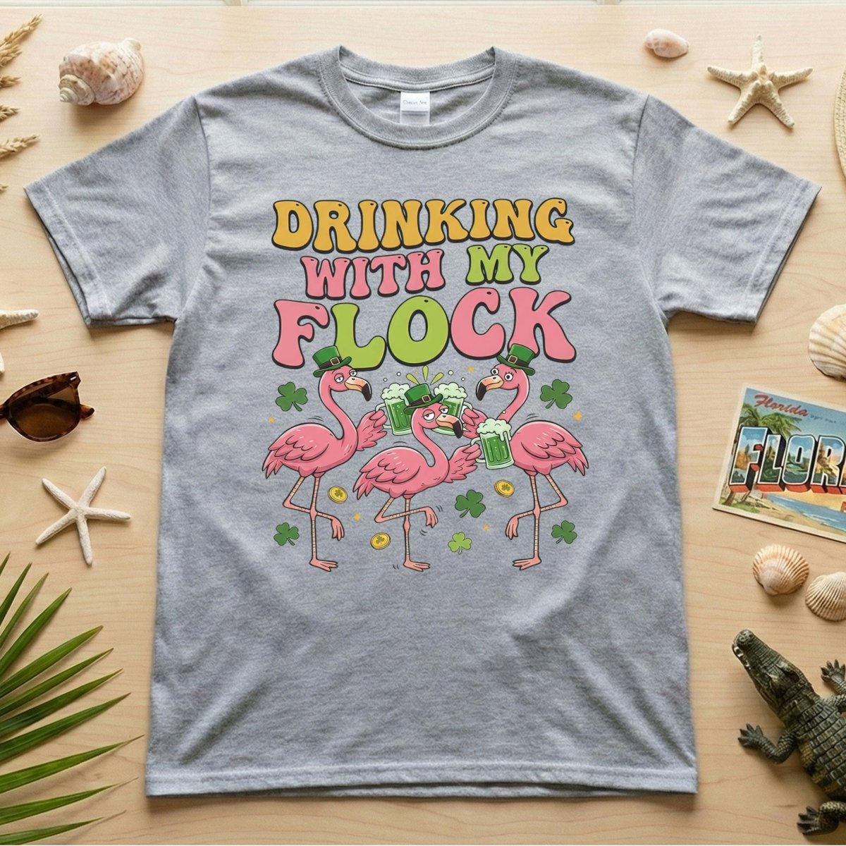 Funny St Patrick's Day Flamingo Drinking Shirt - "Drinking With My Flock" Party Tee for Women - FlamingoAholic
