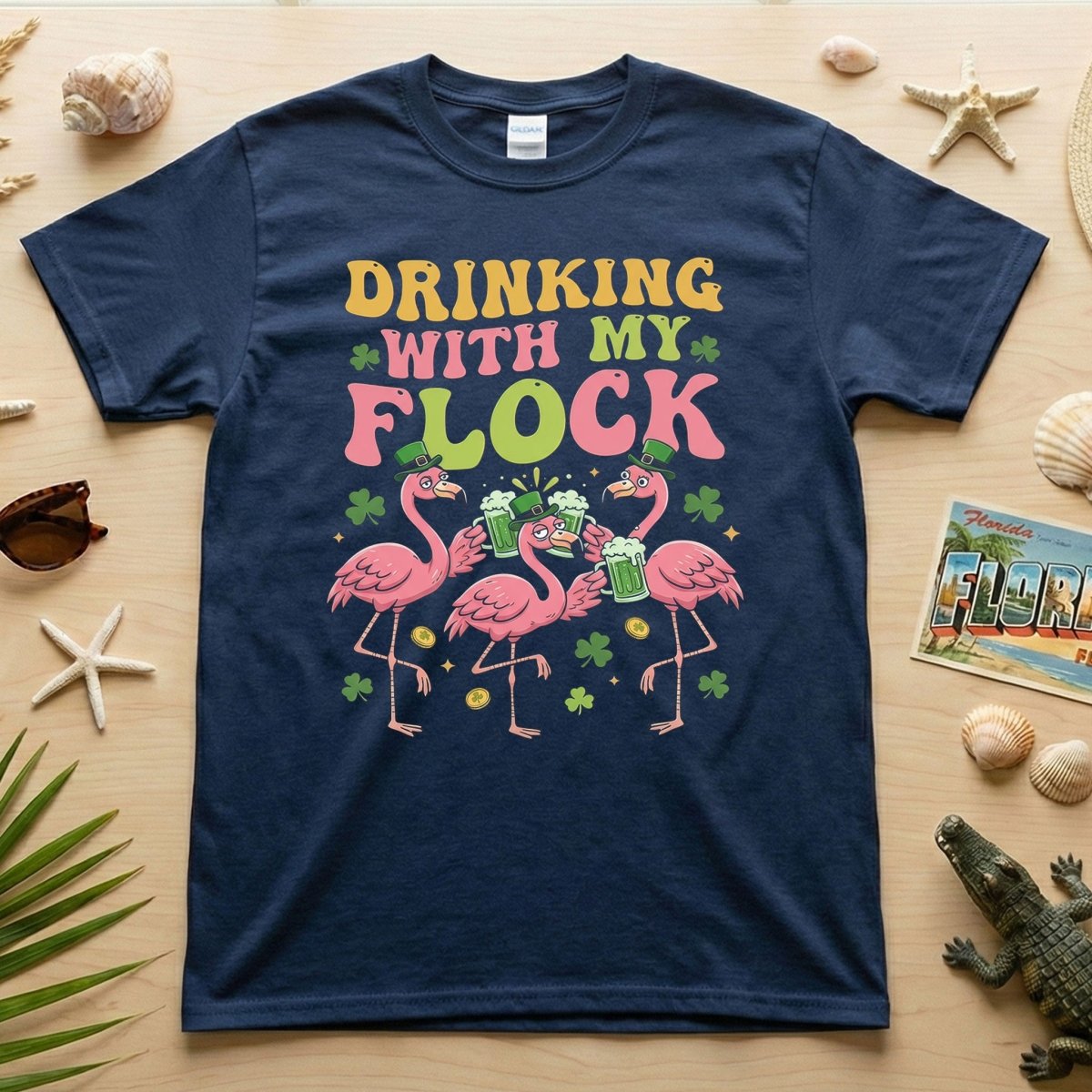 Funny St Patrick's Day Flamingo Drinking Shirt - "Drinking With My Flock" Party Tee for Women - FlamingoAholic
