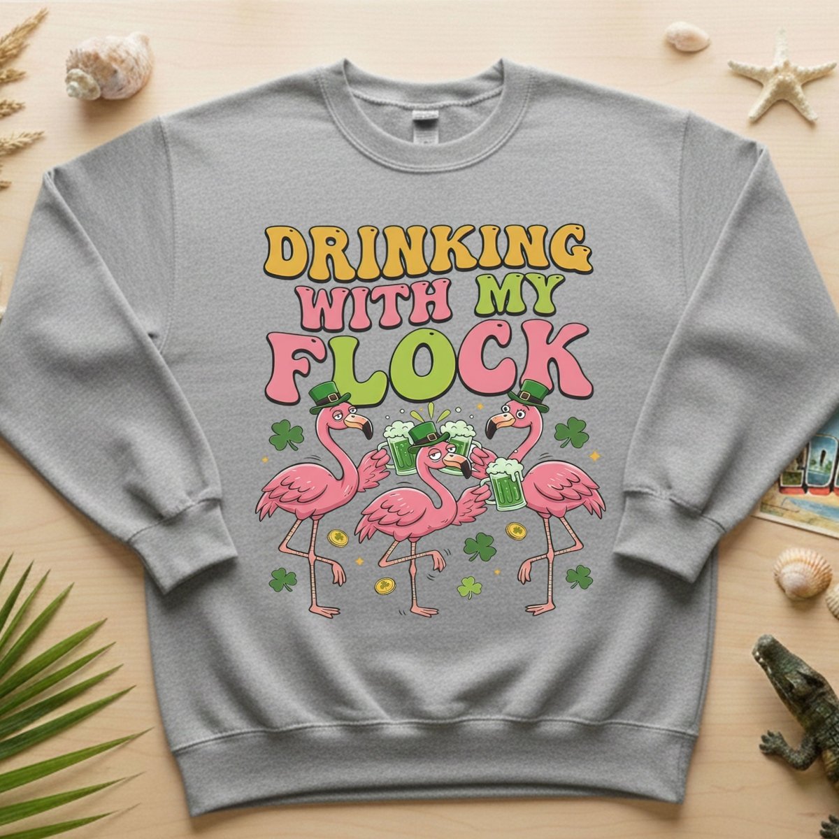 Funny St Patrick's Day Flamingo Drinking Shirt - "Drinking With My Flock" Party Tee for Women - FlamingoAholic