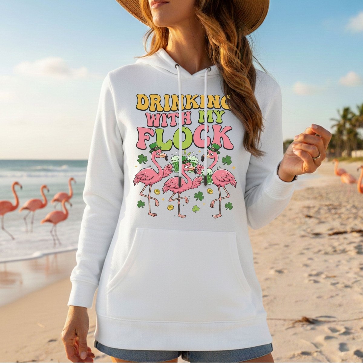 Funny St Patrick's Day Flamingo Drinking Shirt - "Drinking With My Flock" Party Tee for Women - FlamingoAholic