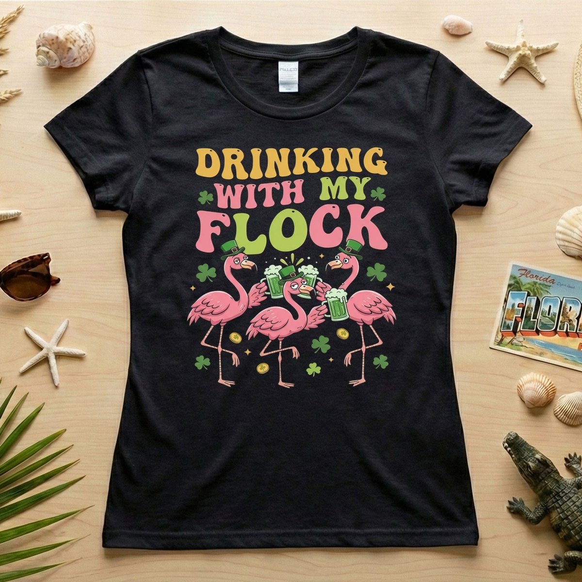 Funny St Patrick's Day Flamingo Drinking Shirt - "Drinking With My Flock" Party Tee for Women - FlamingoAholic
