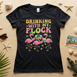 Funny St Patrick's Day Flamingo Drinking Shirt - "Drinking With My Flock" Party Tee for Women - FlamingoAholic