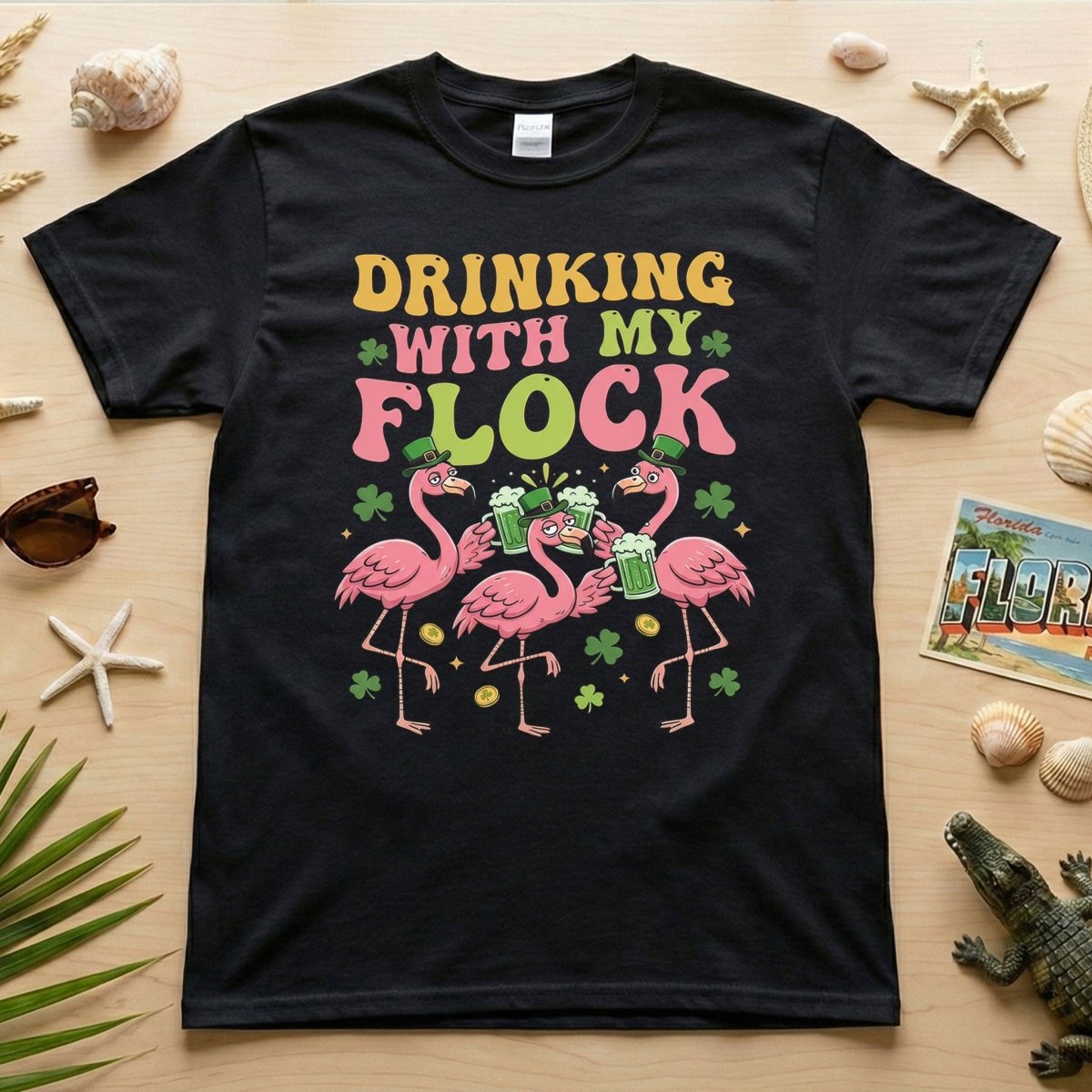Funny St Patrick's Day Flamingo Drinking Shirt - "Drinking With My Flock" Party Tee for Women - FlamingoAholic