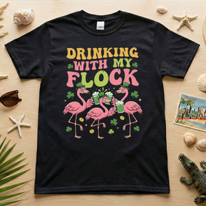 Funny St Patrick's Day Flamingo Drinking Shirt - "Drinking With My Flock" Party Tee for Women - FlamingoAholic