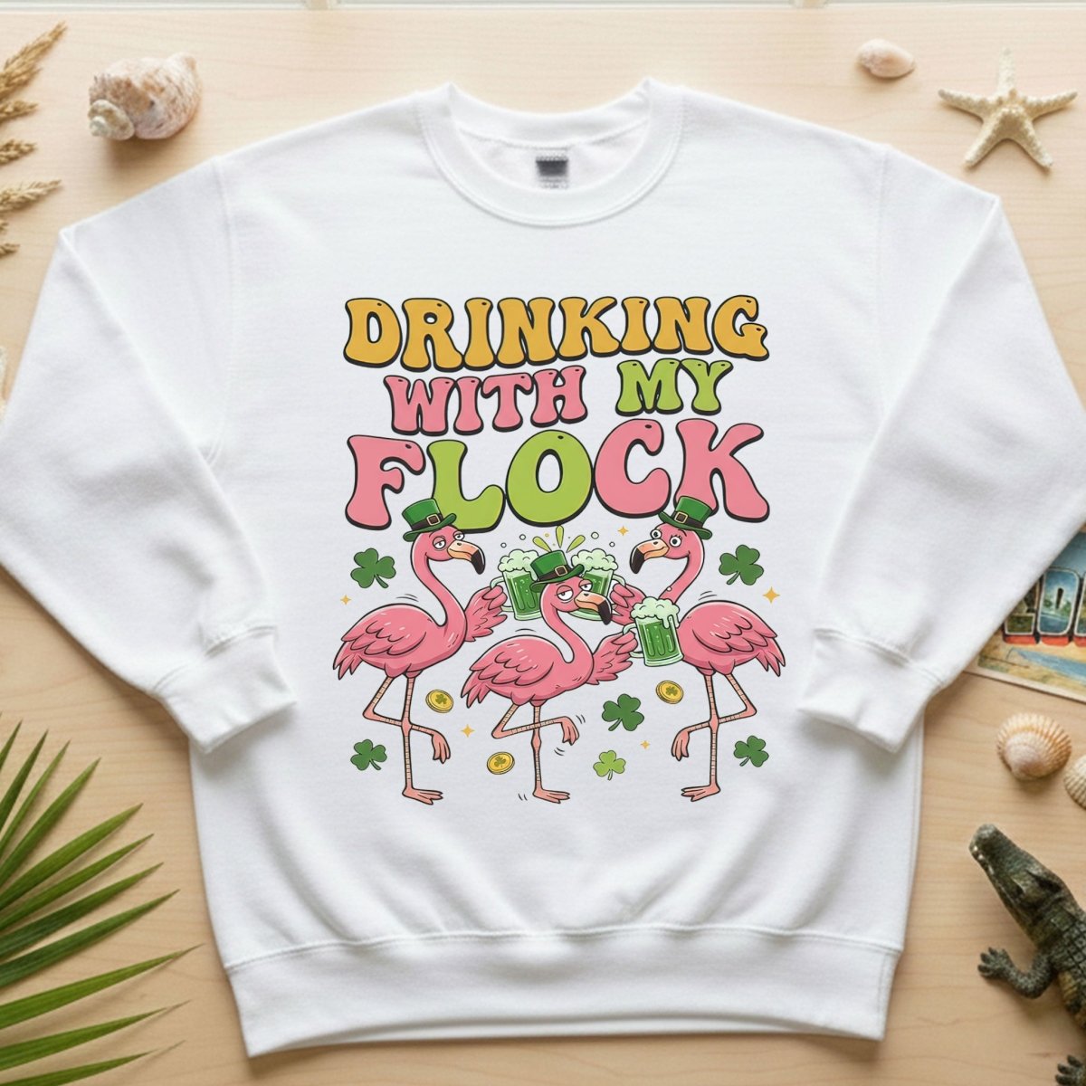 Funny St Patrick's Day Flamingo Drinking Shirt - "Drinking With My Flock" Party Tee for Women - FlamingoAholic