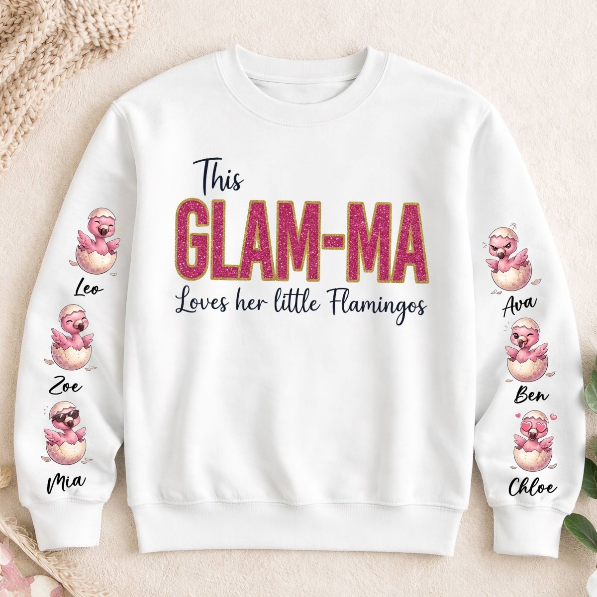 Glam - Ma Flamingo Personalized Sweatshirt - Custom Shirt Gift with Grandkids Names - FlamingoAholic