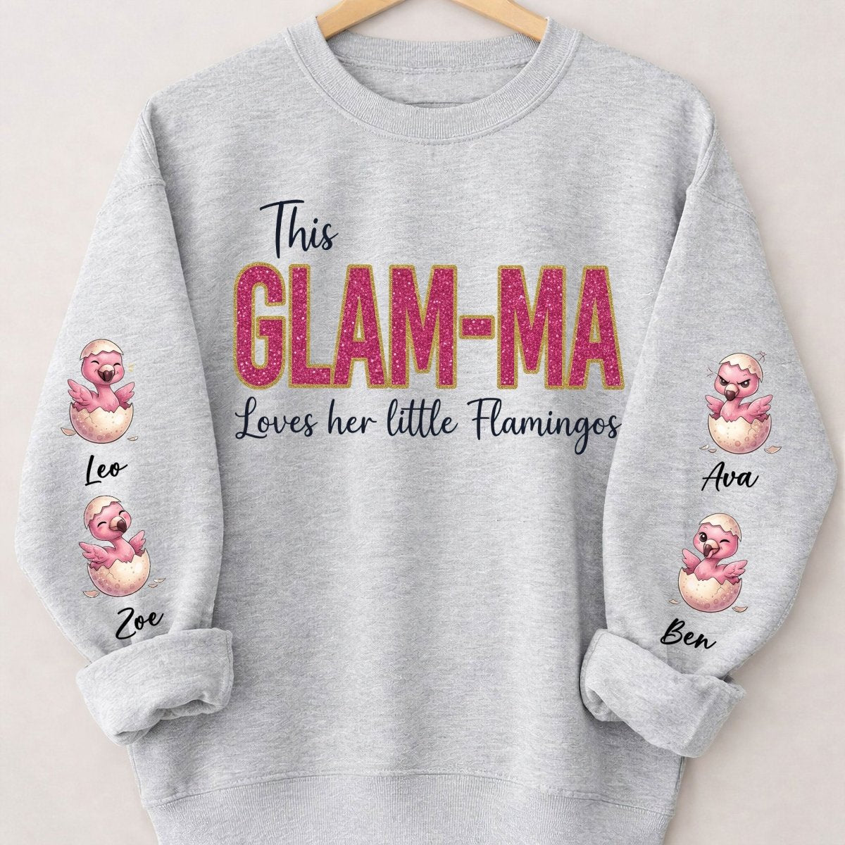 Glam - Ma Flamingo Personalized Sweatshirt - Custom Shirt Gift with Grandkids Names - FlamingoAholic