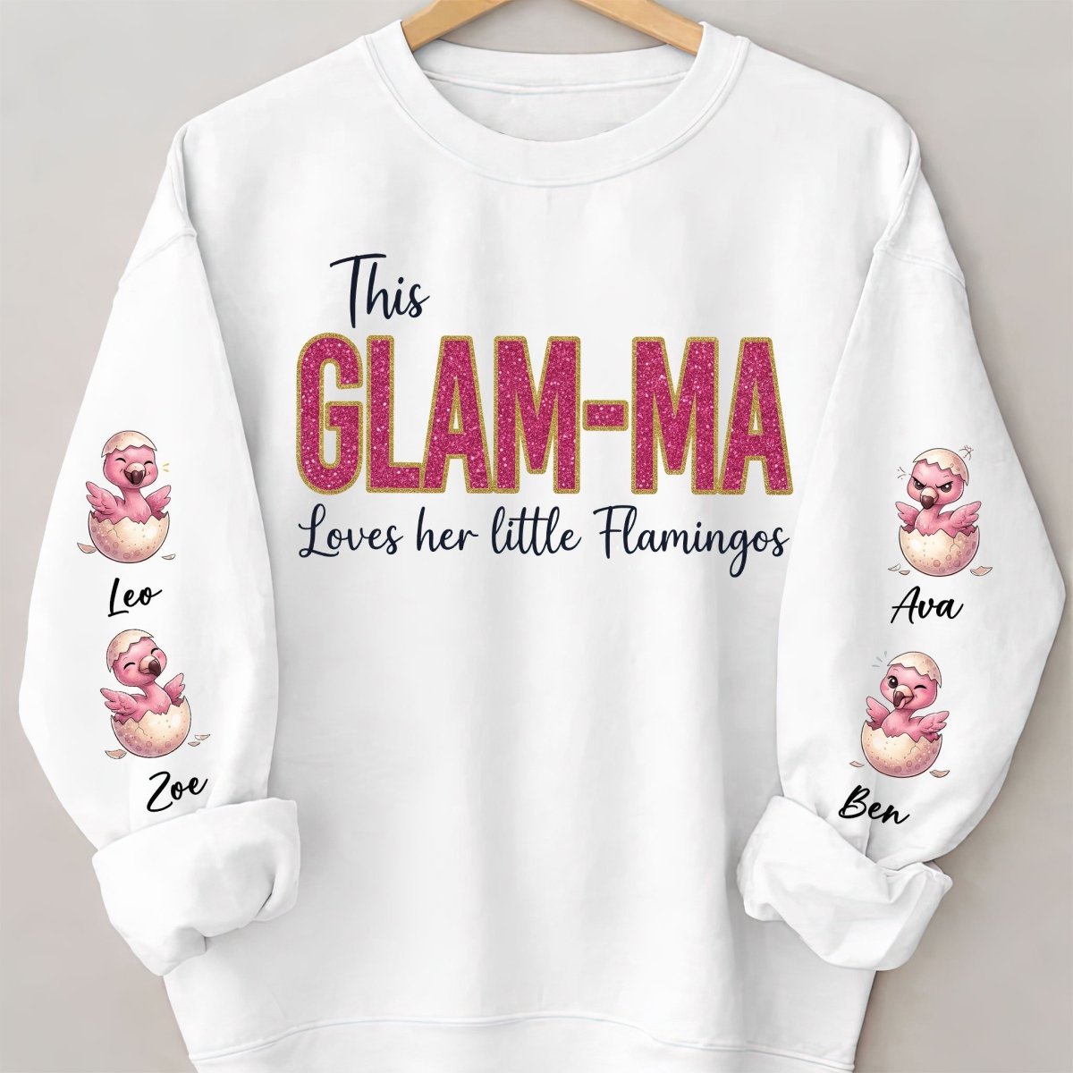 Glam - Ma Flamingo Personalized Sweatshirt - Custom Shirt Gift with Grandkids Names - FlamingoAholic