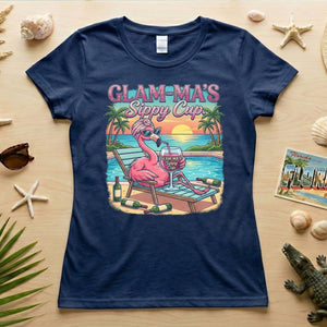 Glamorous "Glam - Ma's Sippy Cup" Flamingo T-Shirt - Funny Tropical Vacation Gift - FlamingoAholic