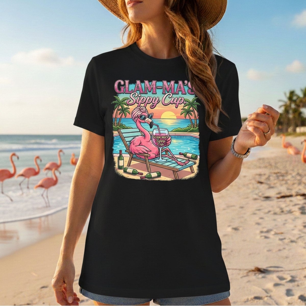 Glamorous "Glam - Ma's Sippy Cup" Flamingo T-Shirt - Funny Tropical Vacation Gift - FlamingoAholic