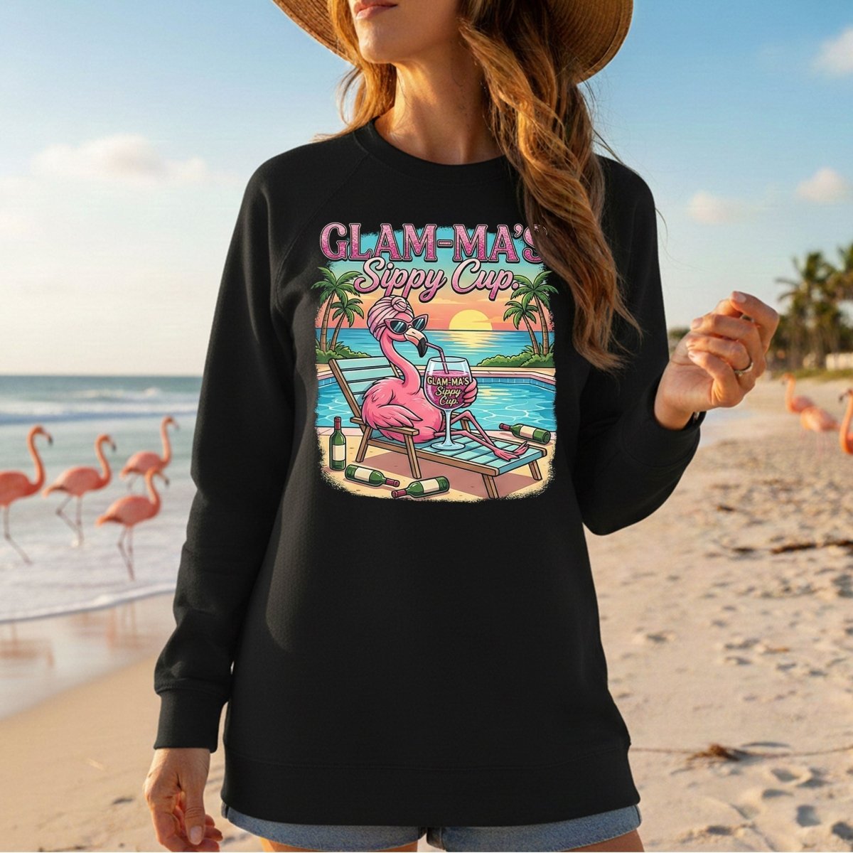 Glamorous "Glam - Ma's Sippy Cup" Flamingo T-Shirt - Funny Tropical Vacation Gift - FlamingoAholic