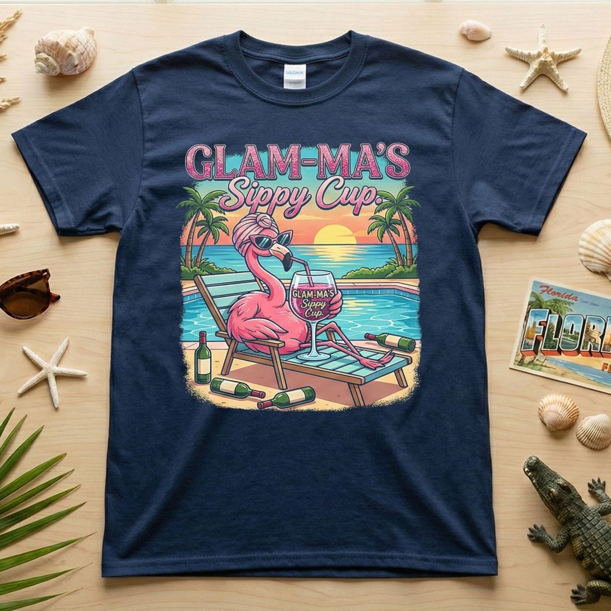 Glamorous "Glam - Ma's Sippy Cup" Flamingo T-Shirt - Funny Tropical Vacation Gift - FlamingoAholic