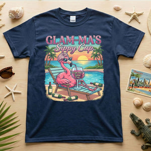 Glamorous "Glam - Ma's Sippy Cup" Flamingo T-Shirt - Funny Tropical Vacation Gift - FlamingoAholic