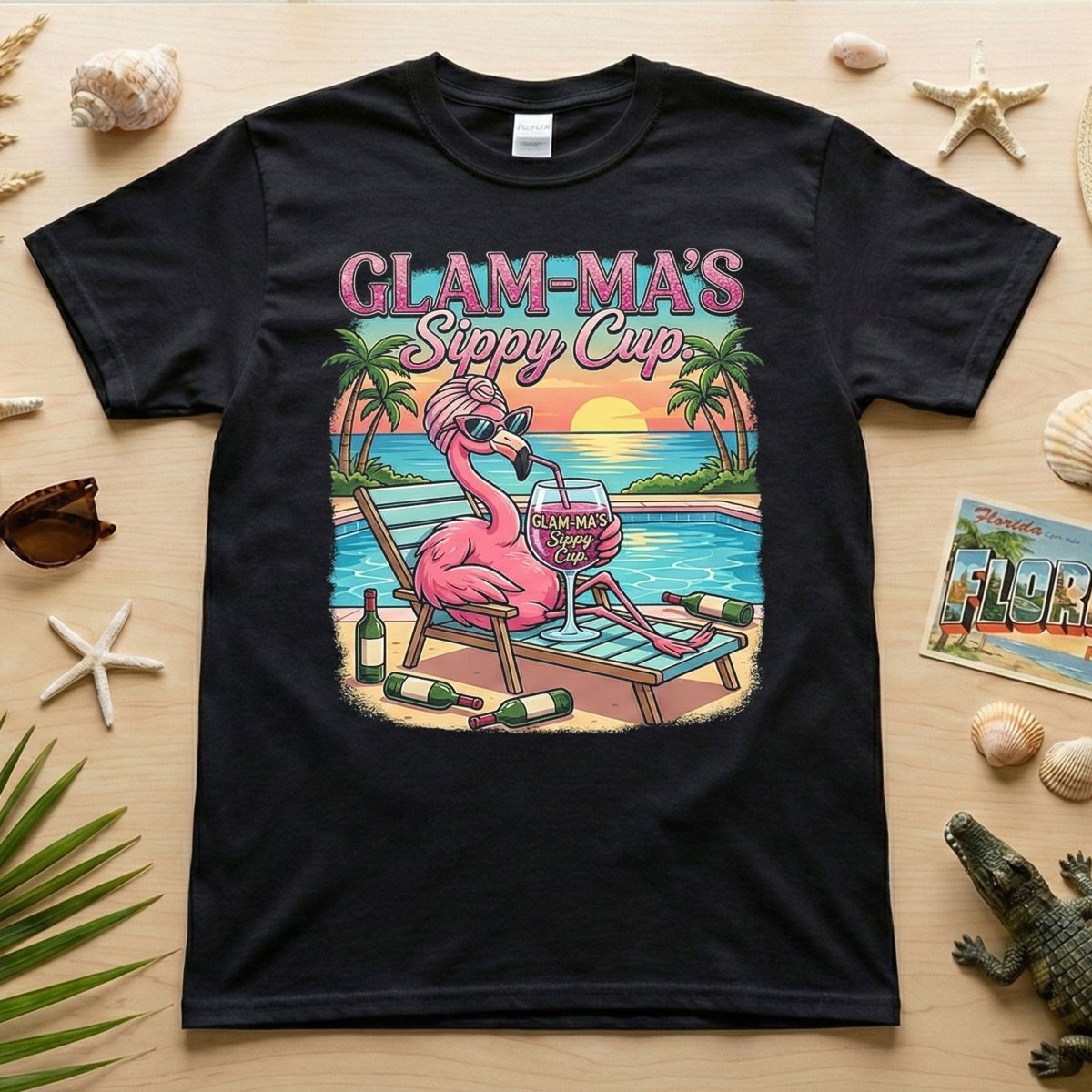 Glamorous "Glam - Ma's Sippy Cup" Flamingo T-Shirt - Funny Tropical Vacation Gift - FlamingoAholic