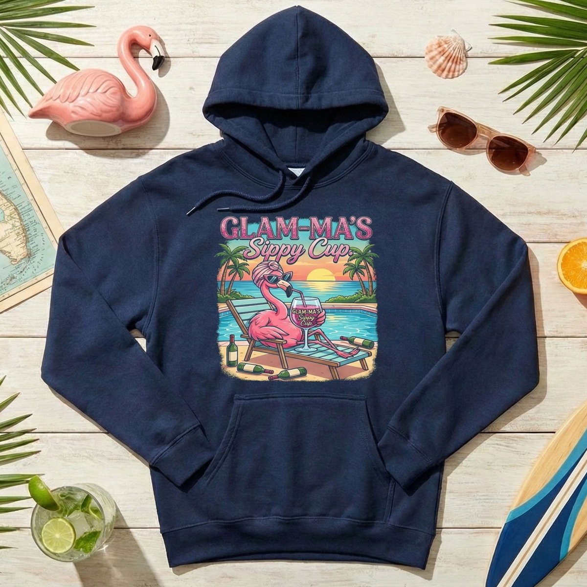 Glamorous "Glam - Ma's Sippy Cup" Flamingo T-Shirt - Funny Tropical Vacation Gift - FlamingoAholic