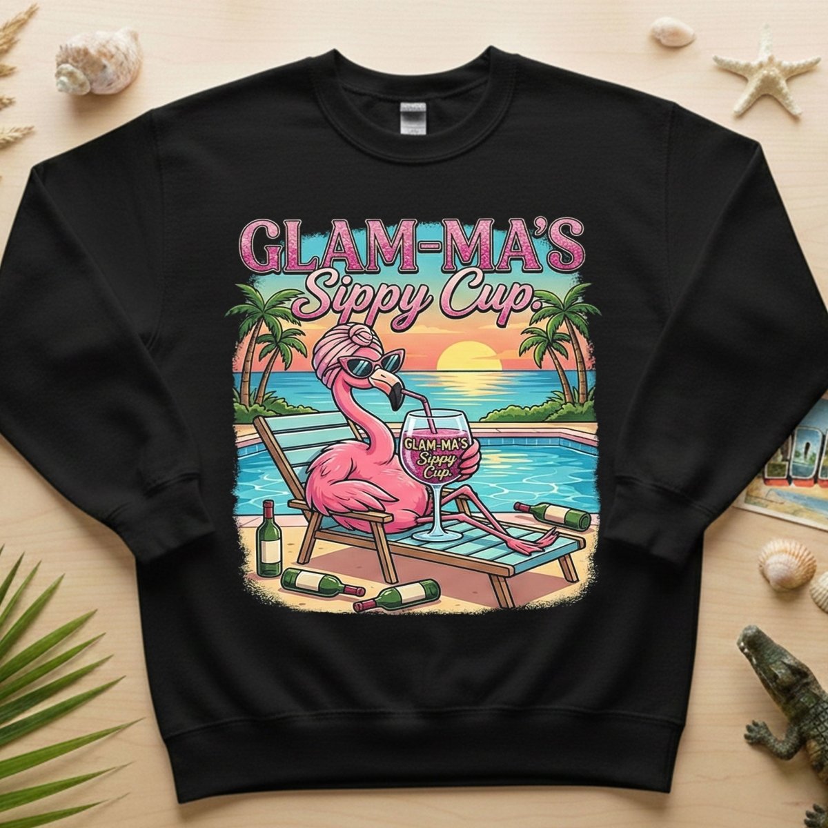 Glamorous "Glam - Ma's Sippy Cup" Flamingo T-Shirt - Funny Tropical Vacation Gift - FlamingoAholic