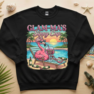 Glamorous "Glam - Ma's Sippy Cup" Flamingo T-Shirt - Funny Tropical Vacation Gift - FlamingoAholic
