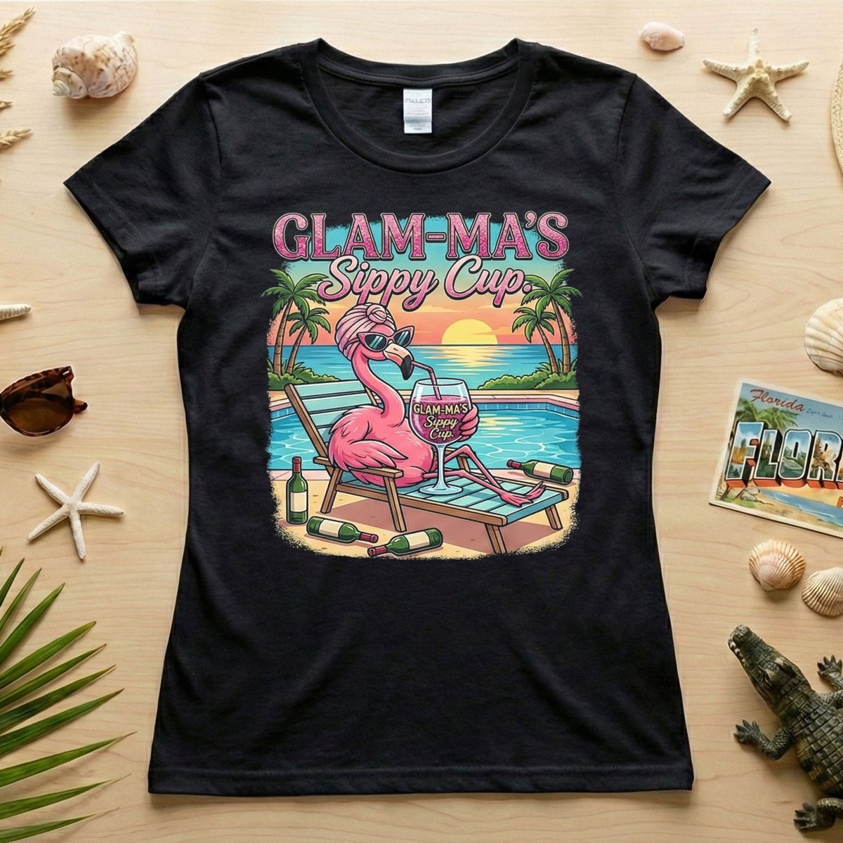 Glamorous "Glam - Ma's Sippy Cup" Flamingo T-Shirt - Funny Tropical Vacation Gift - FlamingoAholic